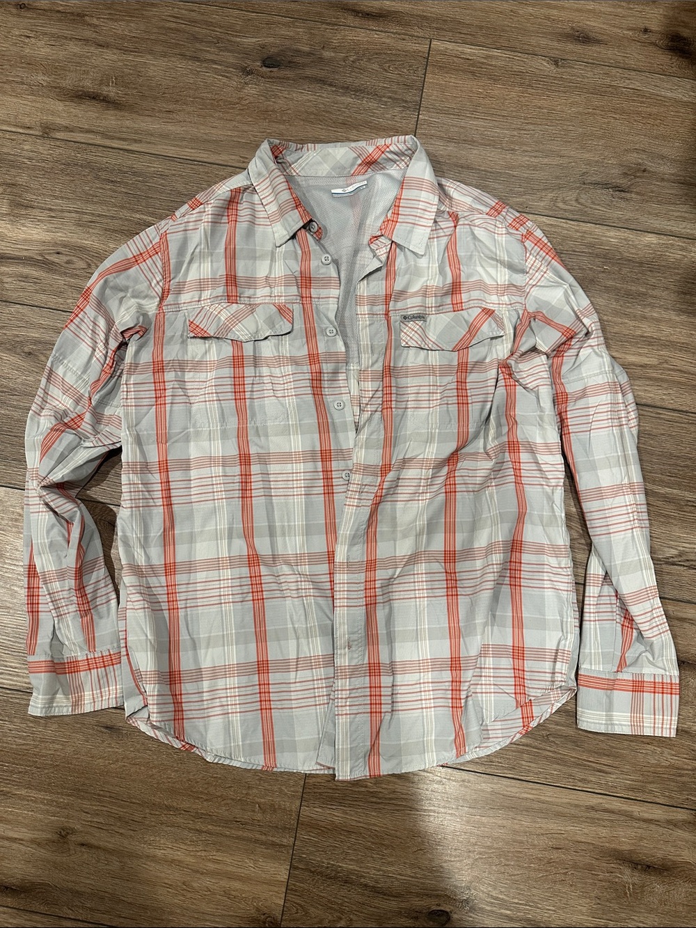 Columbia PFG Men’s Large Plaid Long Sleeve Fishing Shirt Orange White Vented